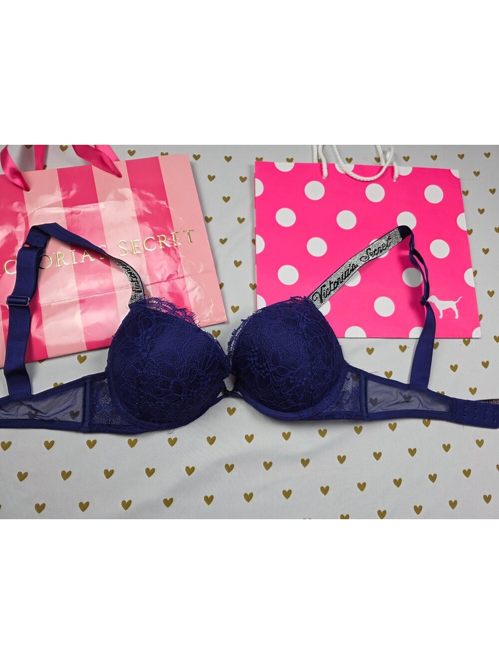 Victorias Secret Blue Lace Bling strap add 2 sizes BOMBSHELL push Up bra 32B